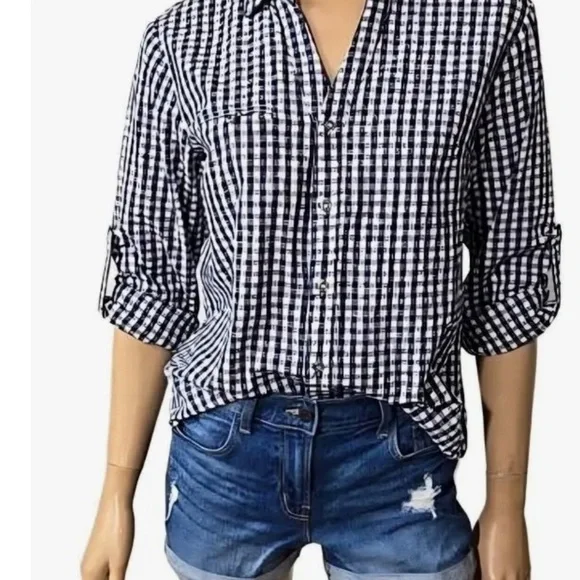 Kut From The Kloth Navy Gingham Print Button-up Roll Tab Sleeve Shirt sm - Picture 5 of 5